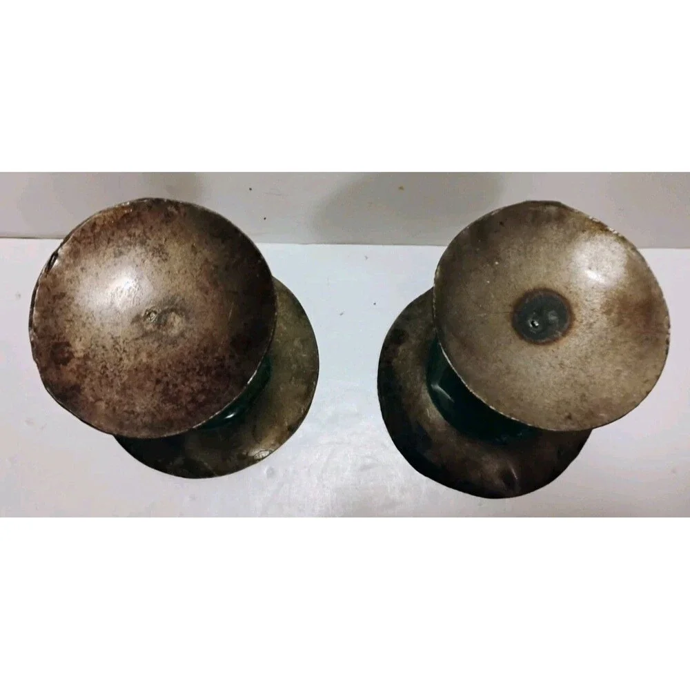 Vtg Savannah Pewter Glass Bead Pillar Candle Holders Pair Green Blue Stone India